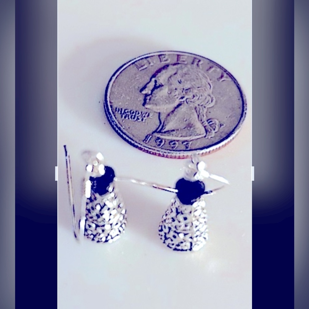 Earrings silver etched cones, tiny blue peacock color crystals pierced